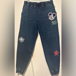 Disney Parks Her Universe Mickey Mouse Denim Jogger Pants Retro Patch